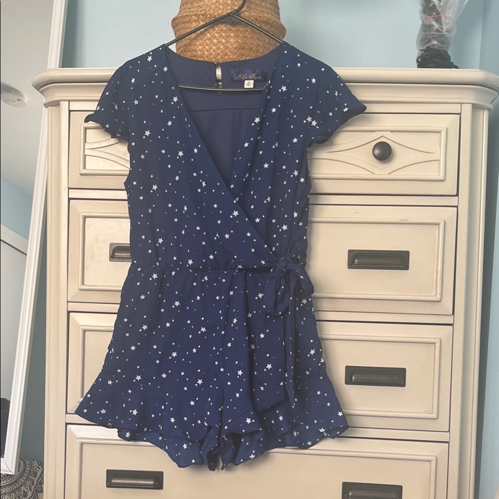 Women’s Star Print Romper Skort Navy Blue Wrap Tie Waist One Piece